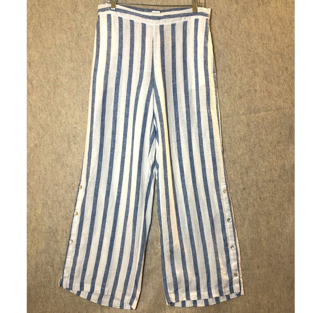 Jones & Co New York Women’s L Linen Striped Wide Leg Pants Blue White Coastal